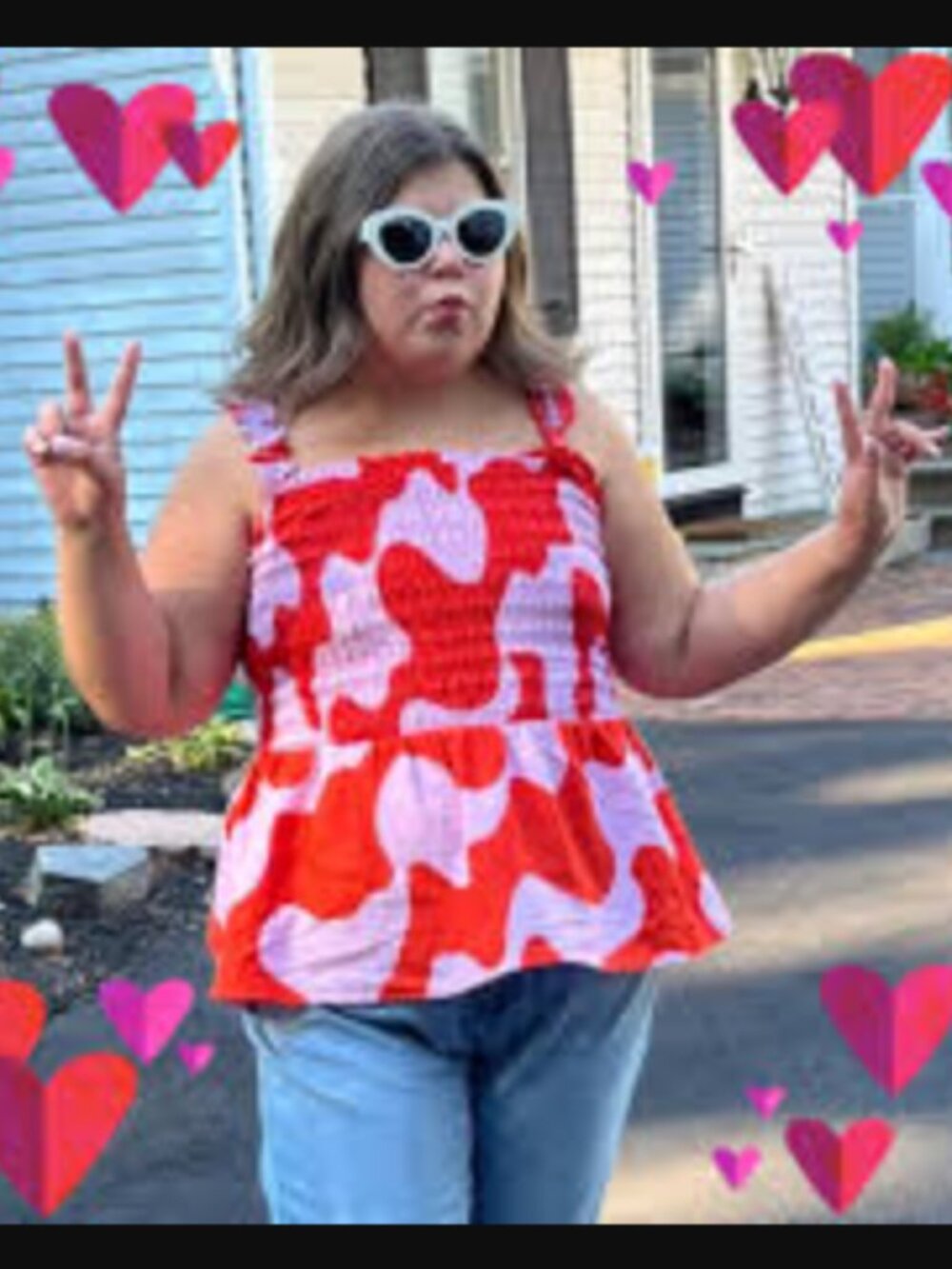 AVA & VIV Smocked Sleeveless Peplum Red Pink Abstract w. Ruffle Tank Top wmn 2X